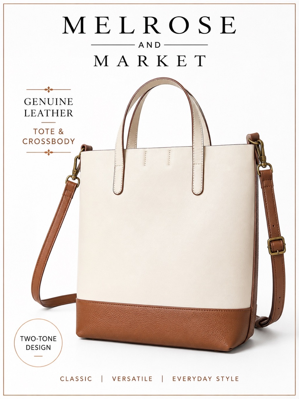 Melrose and Market Cream Cognac Two-Tone Leather Crossbody Tote
